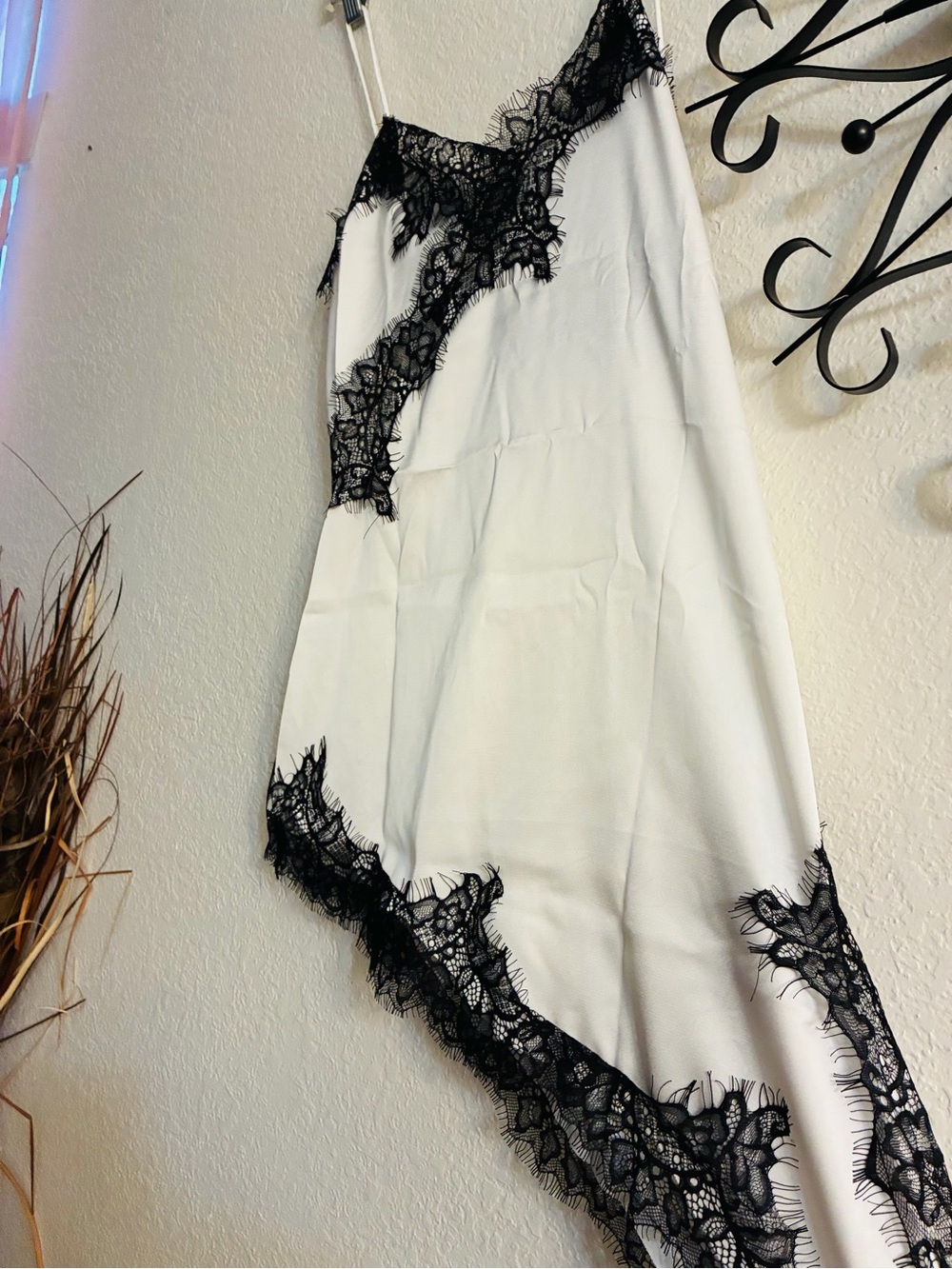 White Satin Slip Dress with Black Lace Trim